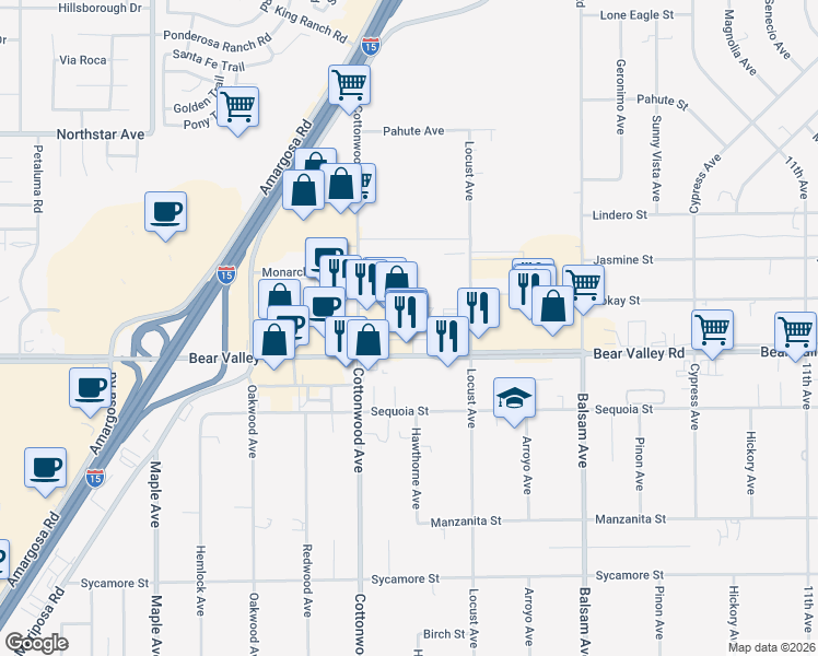 map of restaurants, bars, coffee shops, grocery stores, and more near 15048 Bear Valley Road in Victorville