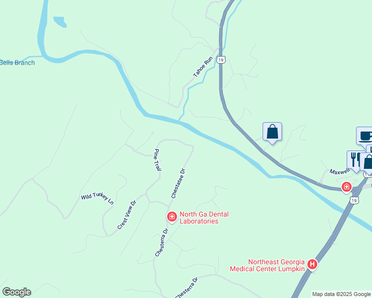 map of restaurants, bars, coffee shops, grocery stores, and more near 586 Pine Trail in Dahlonega