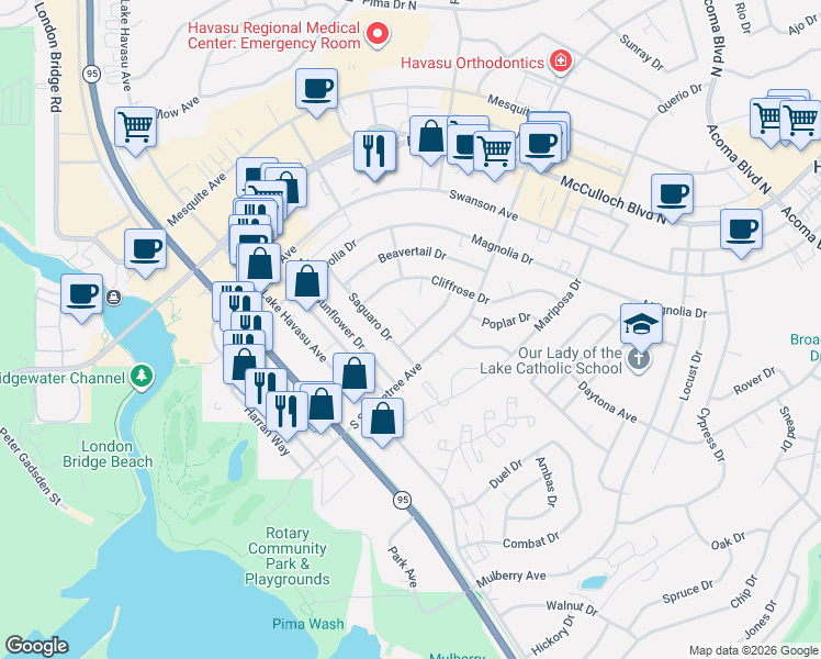 map of restaurants, bars, coffee shops, grocery stores, and more near 242 Saguaro Drive in Lake Havasu City
