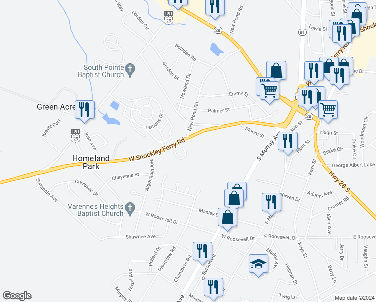 map of restaurants, bars, coffee shops, grocery stores, and more near 54 Jonathans Joy Circle in Anderson