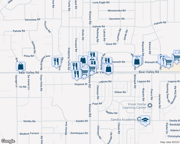 map of restaurants, bars, coffee shops, grocery stores, and more near Bear Valley Rd & Kiowa Rd in Apple Valley