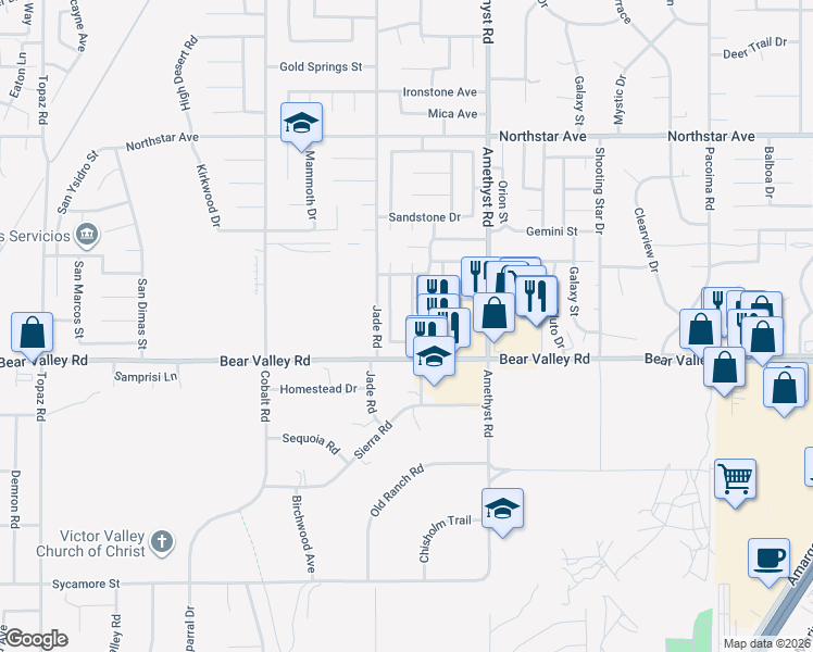 map of restaurants, bars, coffee shops, grocery stores, and more near 12160 Stonegate Drive in Victorville