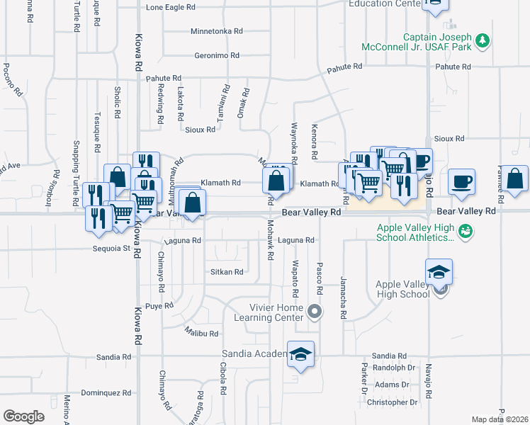 map of restaurants, bars, coffee shops, grocery stores, and more near 21100 Bear Valley Road in Apple Valley