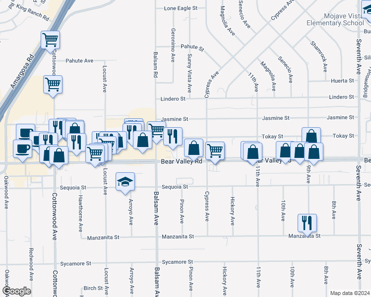 map of restaurants, bars, coffee shops, grocery stores, and more near 15418 Bear Valley Road in Victorville