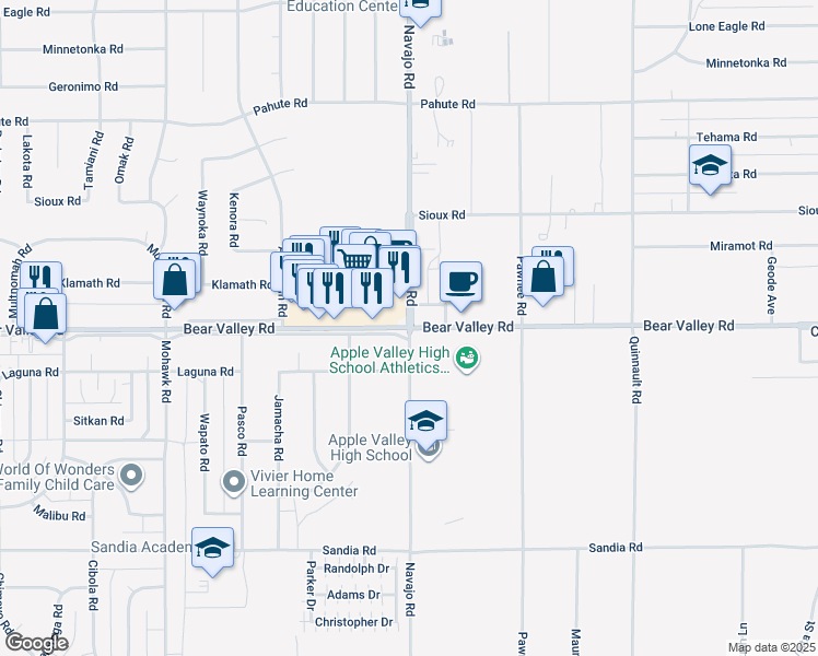 map of restaurants, bars, coffee shops, grocery stores, and more near Bear Valley Road in Apple Valley