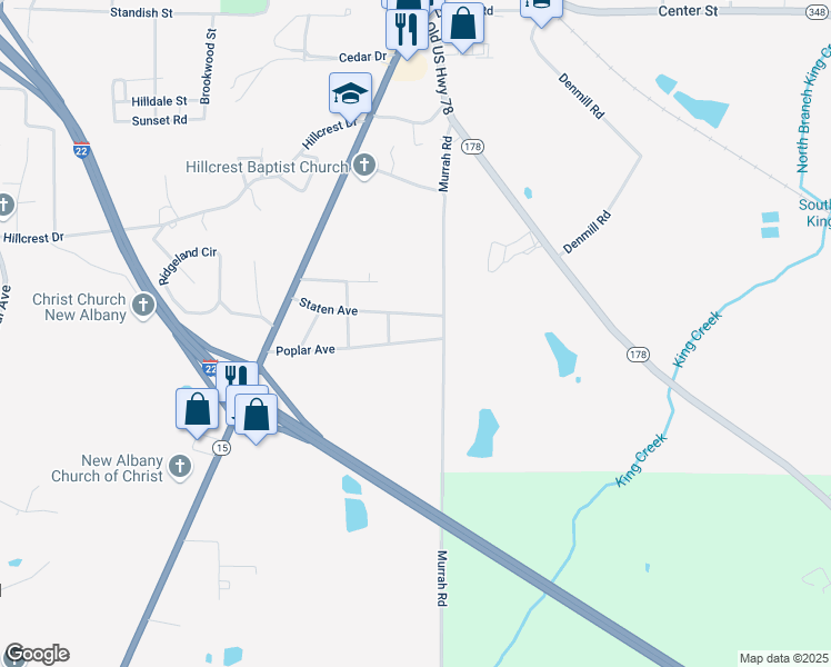 map of restaurants, bars, coffee shops, grocery stores, and more near 913 Poplar Avenue in New Albany