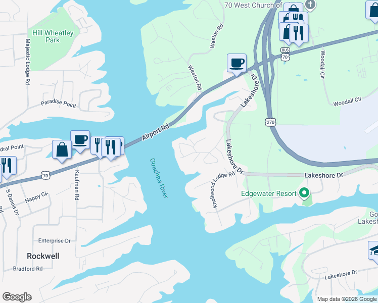 map of restaurants, bars, coffee shops, grocery stores, and more near 102 Bridgeview Cir in Hot Springs