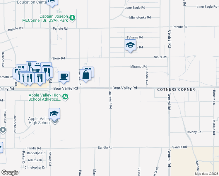 map of restaurants, bars, coffee shops, grocery stores, and more near Quinnault Road in Apple Valley