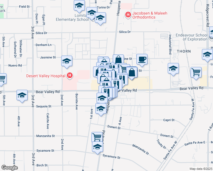 map of restaurants, bars, coffee shops, grocery stores, and more near 12130 Hesperia Road in Victorville