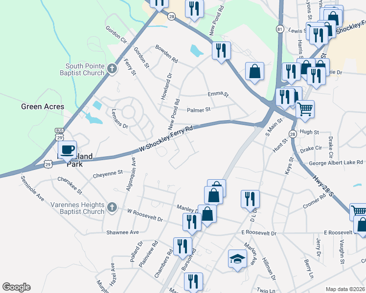 map of restaurants, bars, coffee shops, grocery stores, and more near 20 Wren Street in Anderson