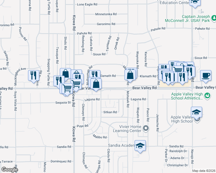 map of restaurants, bars, coffee shops, grocery stores, and more near 21100 Bear Valley Road in Apple Valley