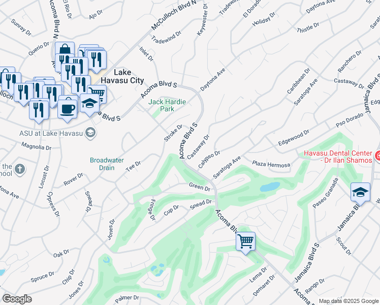 map of restaurants, bars, coffee shops, grocery stores, and more near 2435 Castaway Dr in Lake Havasu City