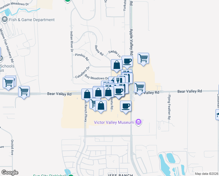 map of restaurants, bars, coffee shops, grocery stores, and more near 19150 Bear Valley Road in Apple Valley