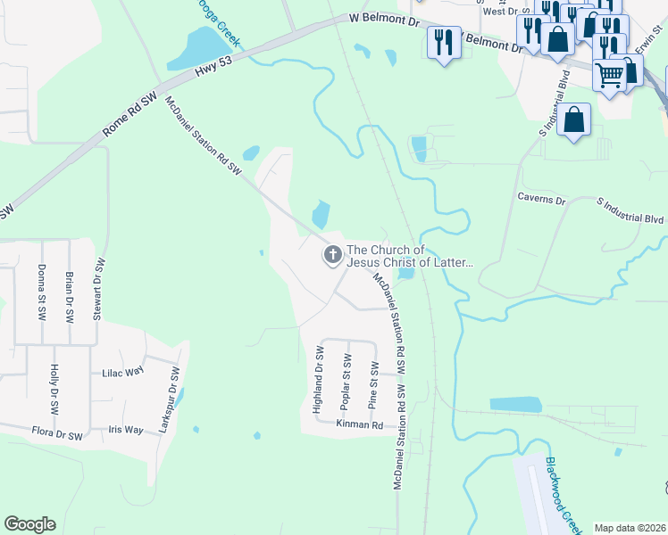 map of restaurants, bars, coffee shops, grocery stores, and more near 455 McDaniel Station Road Southwest in Calhoun
