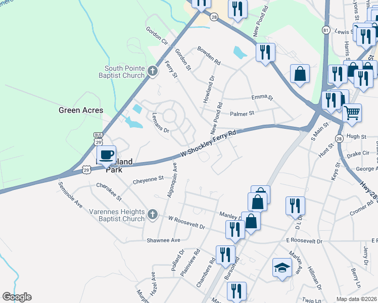 map of restaurants, bars, coffee shops, grocery stores, and more near 60 Lemans Drive East in Anderson