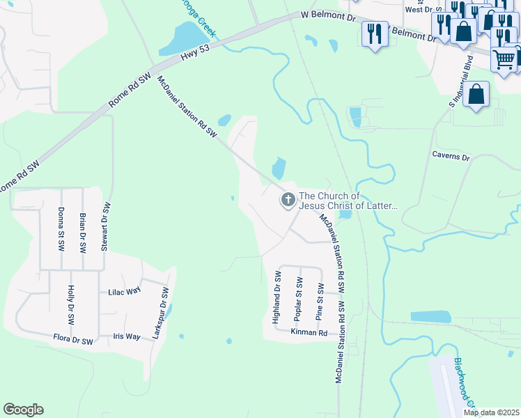 map of restaurants, bars, coffee shops, grocery stores, and more near 155 Techview Drive Southwest in Calhoun