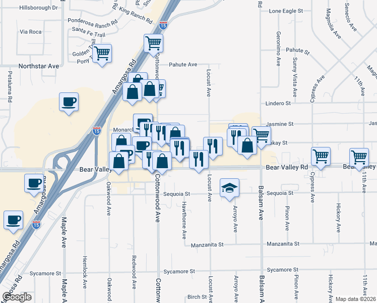 map of restaurants, bars, coffee shops, grocery stores, and more near 15048 Bear Valley Road in Victorville