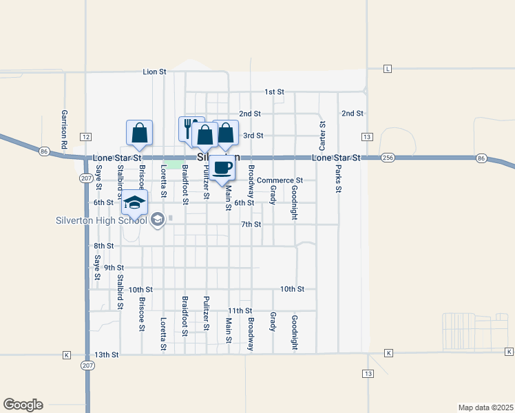 map of restaurants, bars, coffee shops, grocery stores, and more near 601 Broadway in Silverton