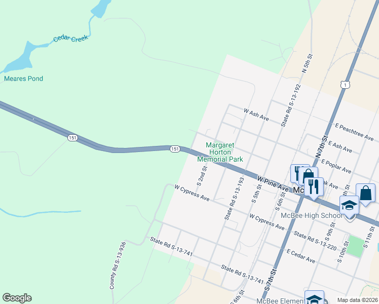 map of restaurants, bars, coffee shops, grocery stores, and more near South Carolina 151 & 1st Street & West Pine Avenue in McBee
