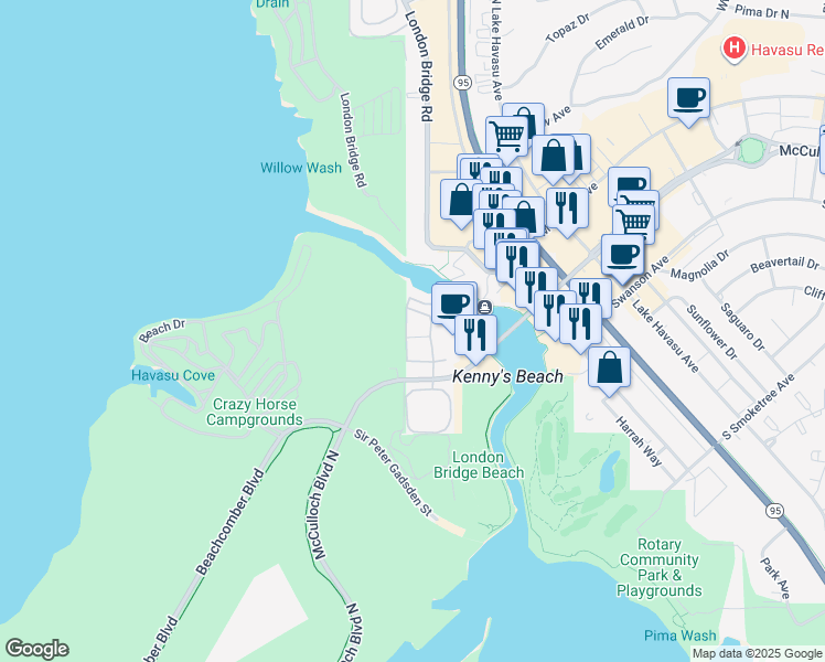 map of restaurants, bars, coffee shops, grocery stores, and more near 1401 McCulloch Boulevard North in Lake Havasu City
