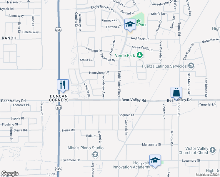 map of restaurants, bars, coffee shops, grocery stores, and more near Eagle Ranch Parkway in Victorville
