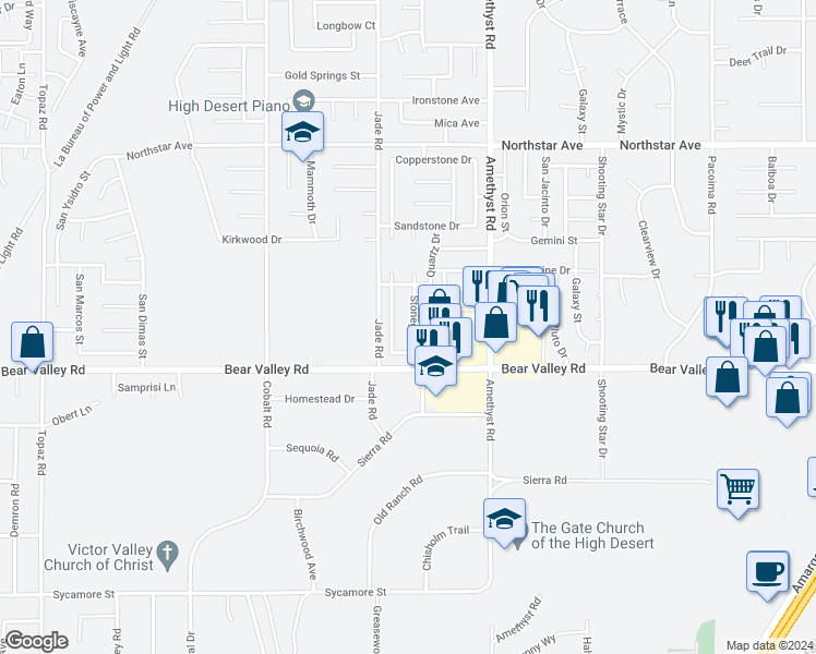 map of restaurants, bars, coffee shops, grocery stores, and more near 12176 Stonegate Drive in Victorville