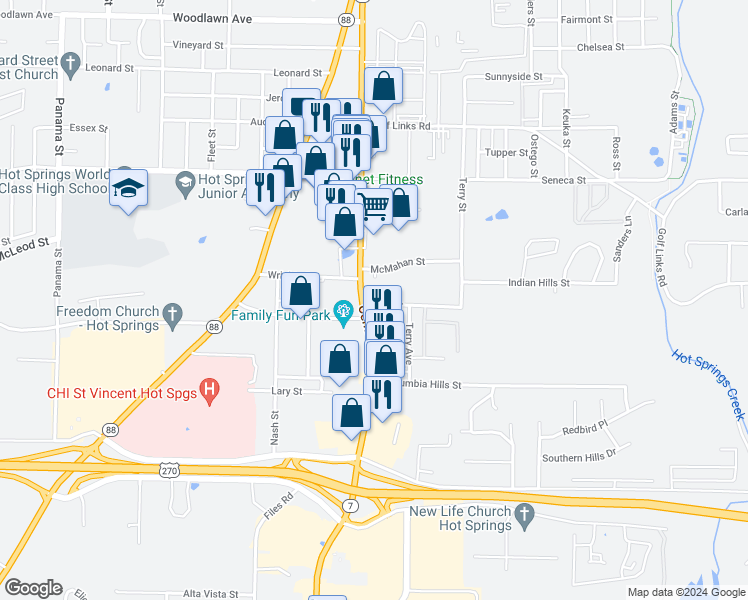 map of restaurants, bars, coffee shops, grocery stores, and more near 125 Carl Drive in Hot Springs