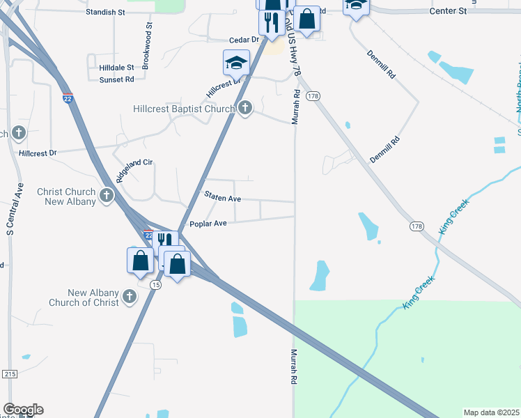map of restaurants, bars, coffee shops, grocery stores, and more near Mockingbird Lane in New Albany