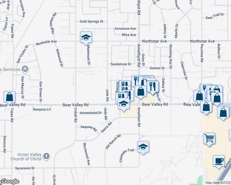 map of restaurants, bars, coffee shops, grocery stores, and more near 12176 Stonegate Drive in Victorville