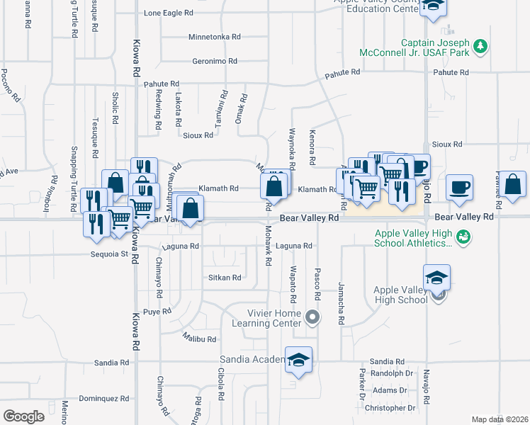 map of restaurants, bars, coffee shops, grocery stores, and more near in Apple Valley