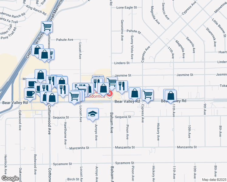 map of restaurants, bars, coffee shops, grocery stores, and more near 15315 Tokay Street in Victorville