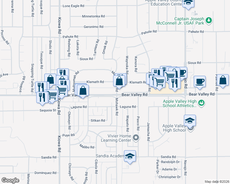 map of restaurants, bars, coffee shops, grocery stores, and more near in Apple Valley