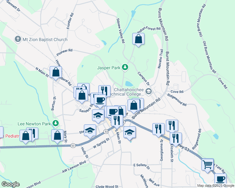 map of restaurants, bars, coffee shops, grocery stores, and more near 175 Pioneer Road in Jasper