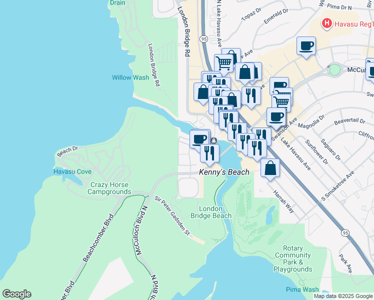 map of restaurants, bars, coffee shops, grocery stores, and more near 1401 McCulloch Boulevard North in Lake Havasu City