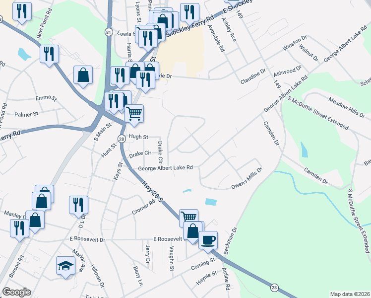 map of restaurants, bars, coffee shops, grocery stores, and more near 644 Woodvale Road in Anderson