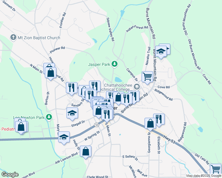 map of restaurants, bars, coffee shops, grocery stores, and more near 175 Pioneer Rd in Jasper
