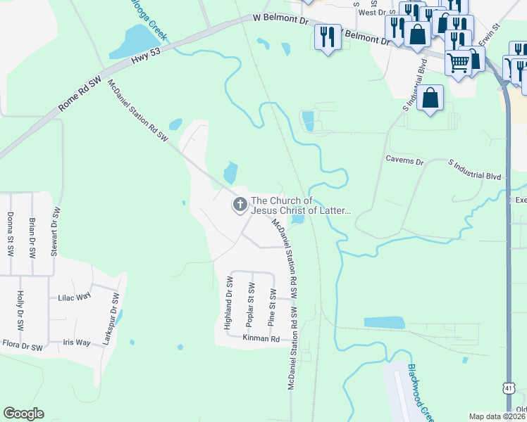 map of restaurants, bars, coffee shops, grocery stores, and more near 501 McDaniel Station Road Southwest in Calhoun