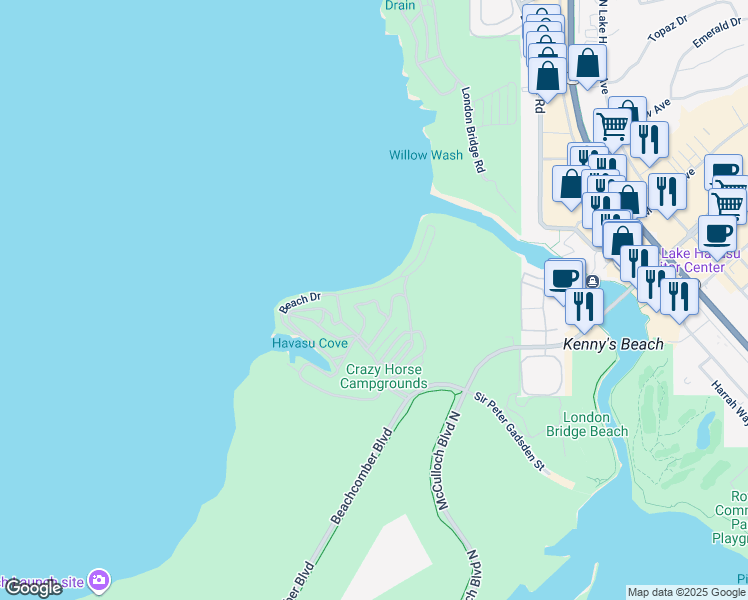 map of restaurants, bars, coffee shops, grocery stores, and more near 1534 Beachcomber Boulevard in Lake Havasu City