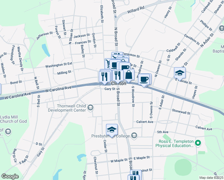 map of restaurants, bars, coffee shops, grocery stores, and more near 115 Gary Street in Clinton