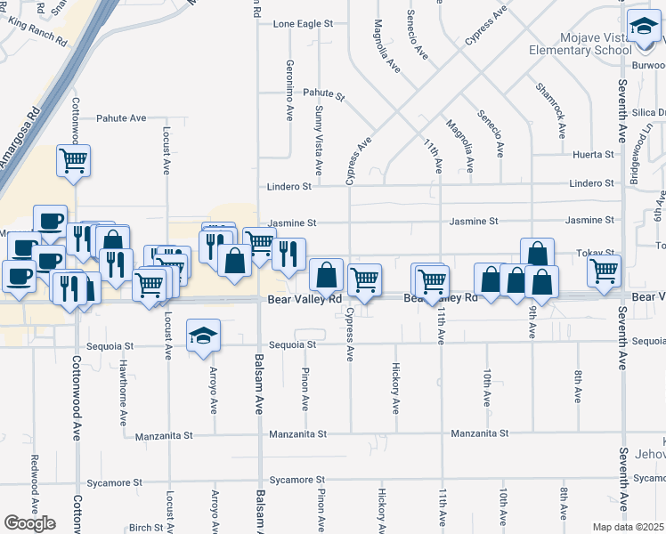 map of restaurants, bars, coffee shops, grocery stores, and more near 15459 Tokay Street in Victorville