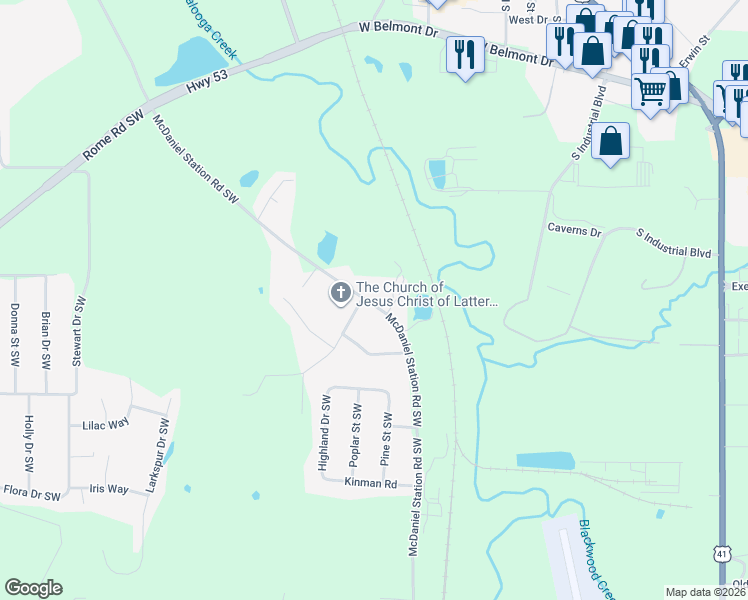 map of restaurants, bars, coffee shops, grocery stores, and more near 501 McDaniel Station Road Southwest in Calhoun