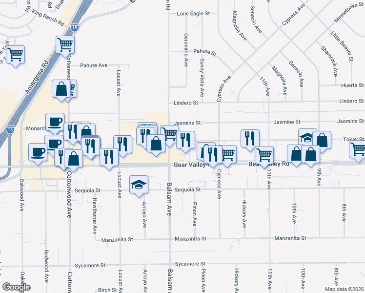 map of restaurants, bars, coffee shops, grocery stores, and more near 15353 Tokay Street in Victorville