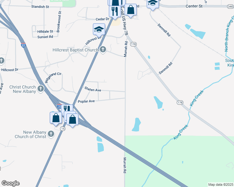map of restaurants, bars, coffee shops, grocery stores, and more near 913 Poplar Avenue in New Albany