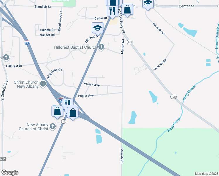 map of restaurants, bars, coffee shops, grocery stores, and more near Mockingbird Lane in New Albany