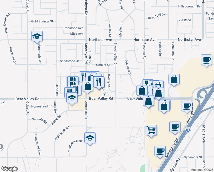 map of restaurants, bars, coffee shops, grocery stores, and more near 12178 Galaxy Street in Victorville