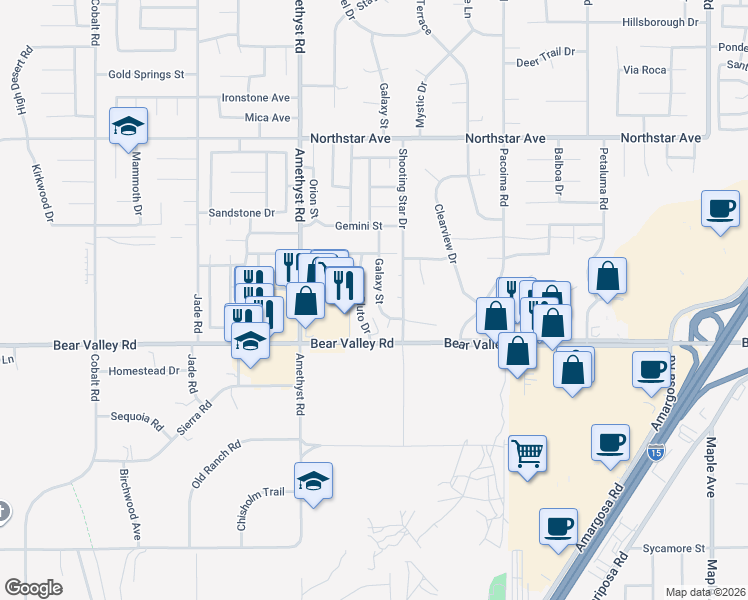 map of restaurants, bars, coffee shops, grocery stores, and more near 12178 Galaxy Street in Victorville