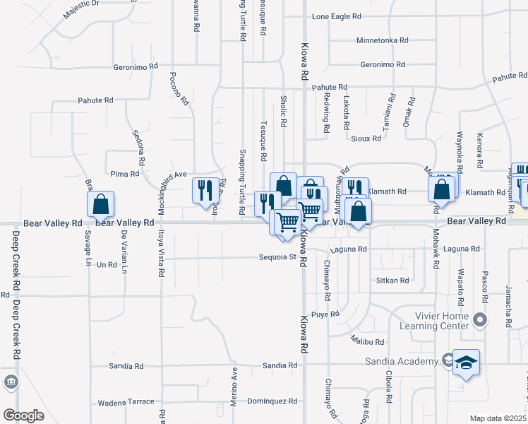 map of restaurants, bars, coffee shops, grocery stores, and more near 20786 Bear Valley Road in Apple Valley
