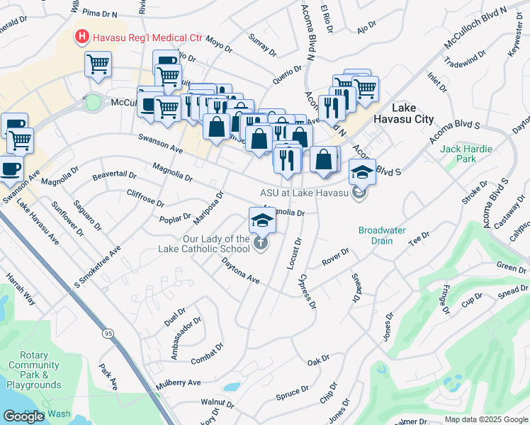 map of restaurants, bars, coffee shops, grocery stores, and more near 135 Greentree Drive in Lake Havasu City