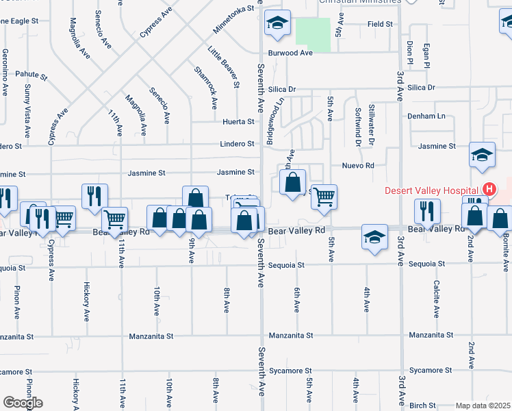 map of restaurants, bars, coffee shops, grocery stores, and more near 16120 Bear Valley Road in Victorville