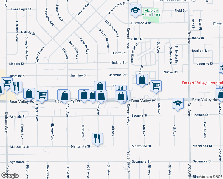 map of restaurants, bars, coffee shops, grocery stores, and more near 15980 Outer Bear Valley Road in Victorville